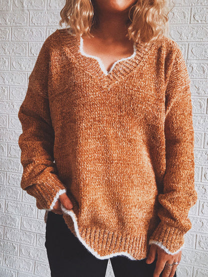 Notched Dropped Shoulder Long Sleeve Sweater Camel