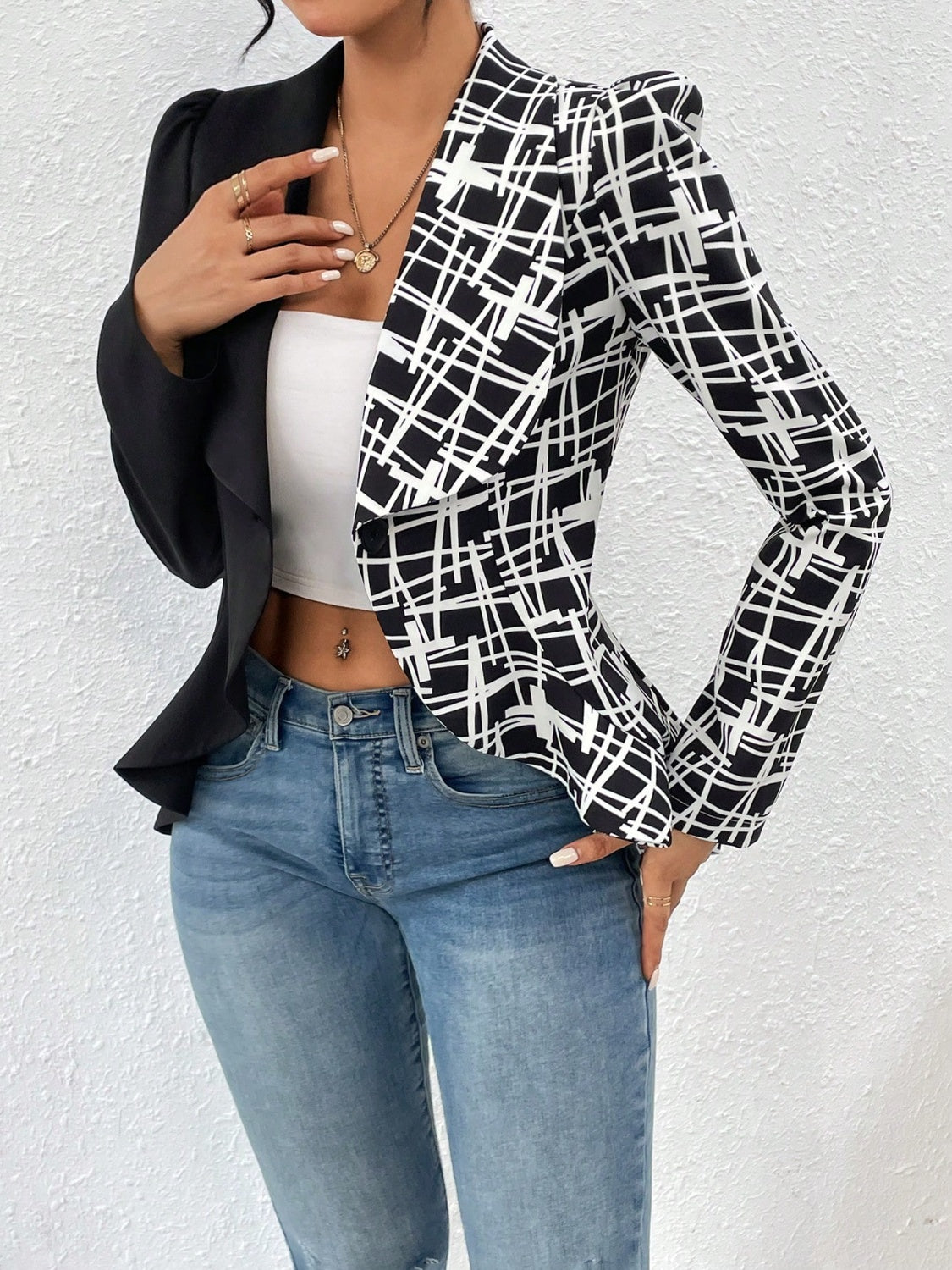 Printed Collared Neck Long Sleeve Blazer - Thandynie