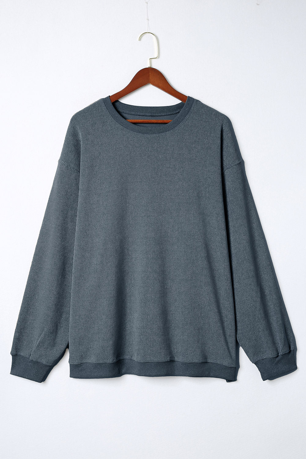 Blue Plus Size Corded Round Neck Sweatshirt