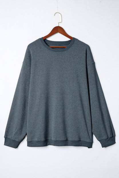 Blue Plus Size Corded Round Neck Sweatshirt