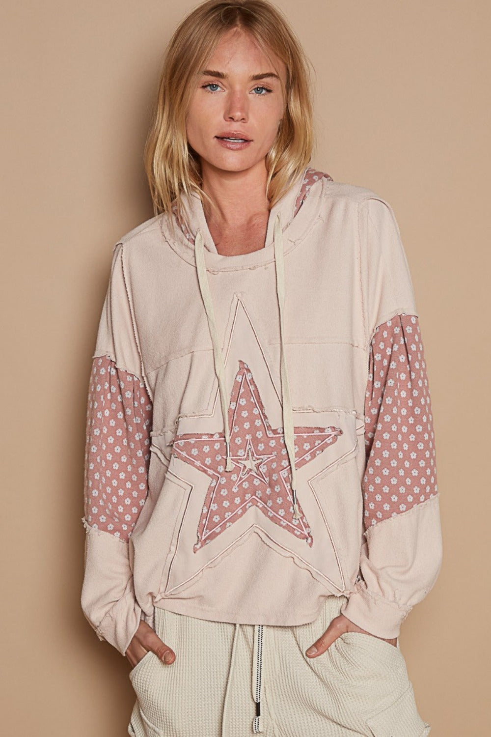 POL Star Patchwork Raw Edge French Terry Hoodie Dusty Rose