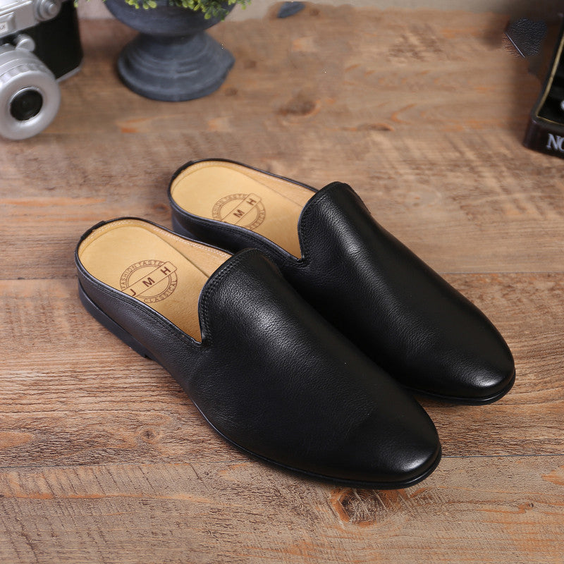 Summer Fashion Casual Men's Slippers, Soft Leather Soft Sole Baotou Half Slippers Black