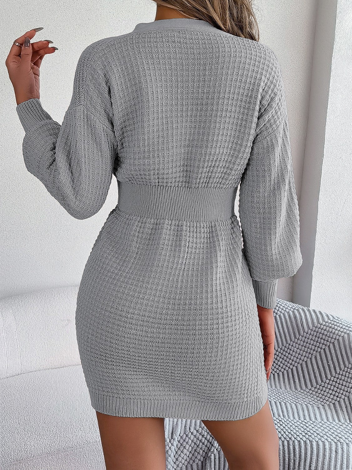 Buttoned Cable-Knit V-Neck Sweater Dress