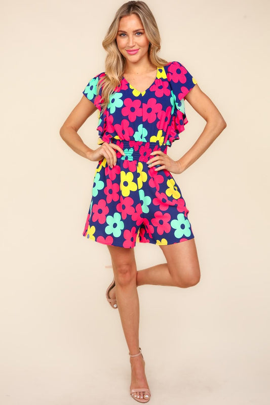 Haptics Floral Smocked Waist Romper with Side Pockets Navy Fuchsia