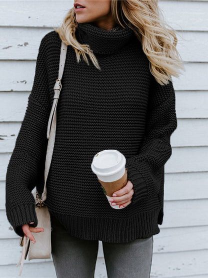 Turtleneck Dropped Shoulder Slit Sweater Black