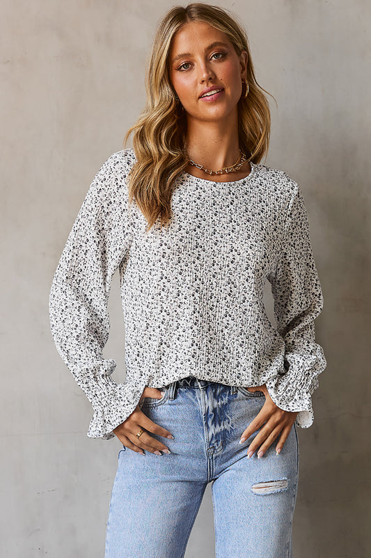 Floral Round Neck Flounce Sleeve Blouse White