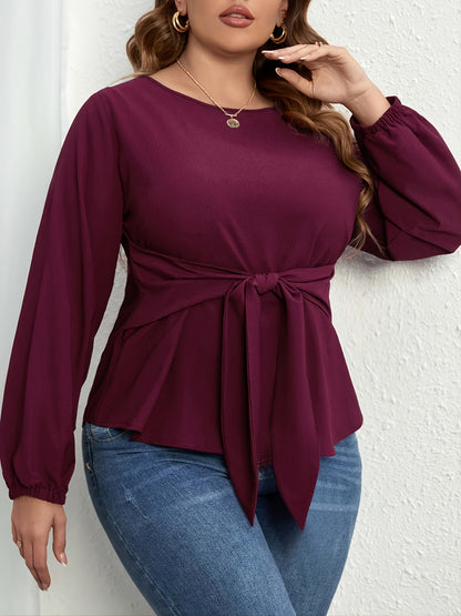 Plus Size Tie Front Long Sleeve Blouse Plum