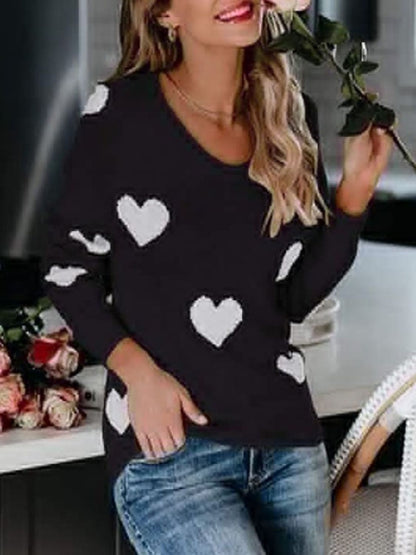 Heart Scoop Neck Long Sleeve Sweater Black