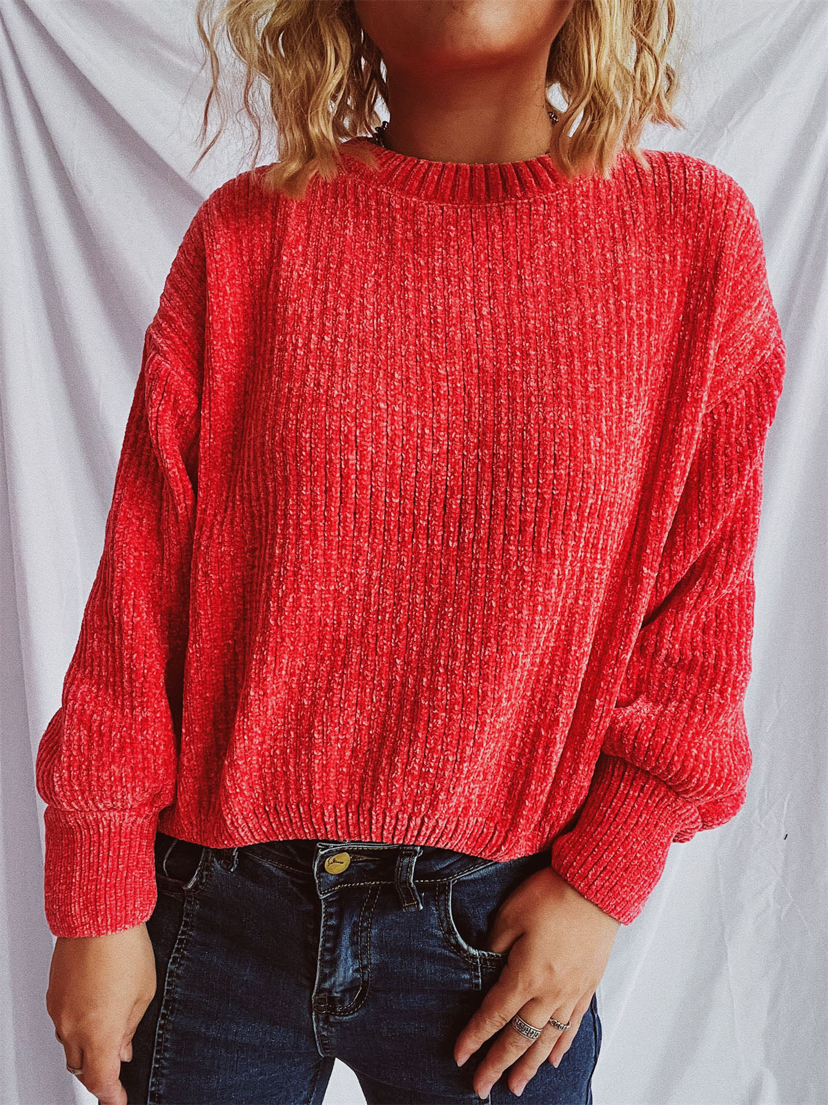 Round Neck Dropped Shoulder Long Sleeve Sweater