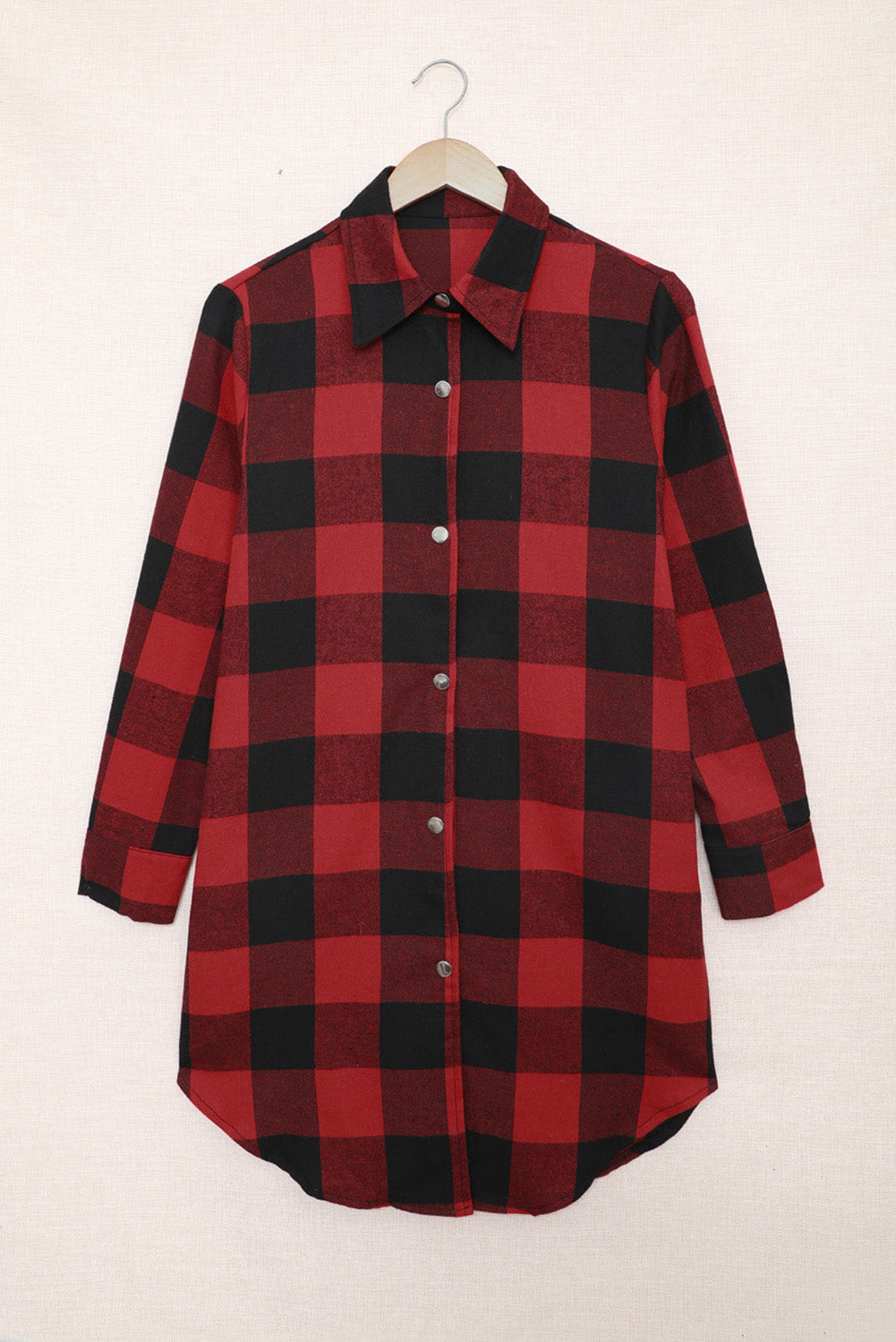 Fiery Red Turn-down Collar Plaid Shirt Coat