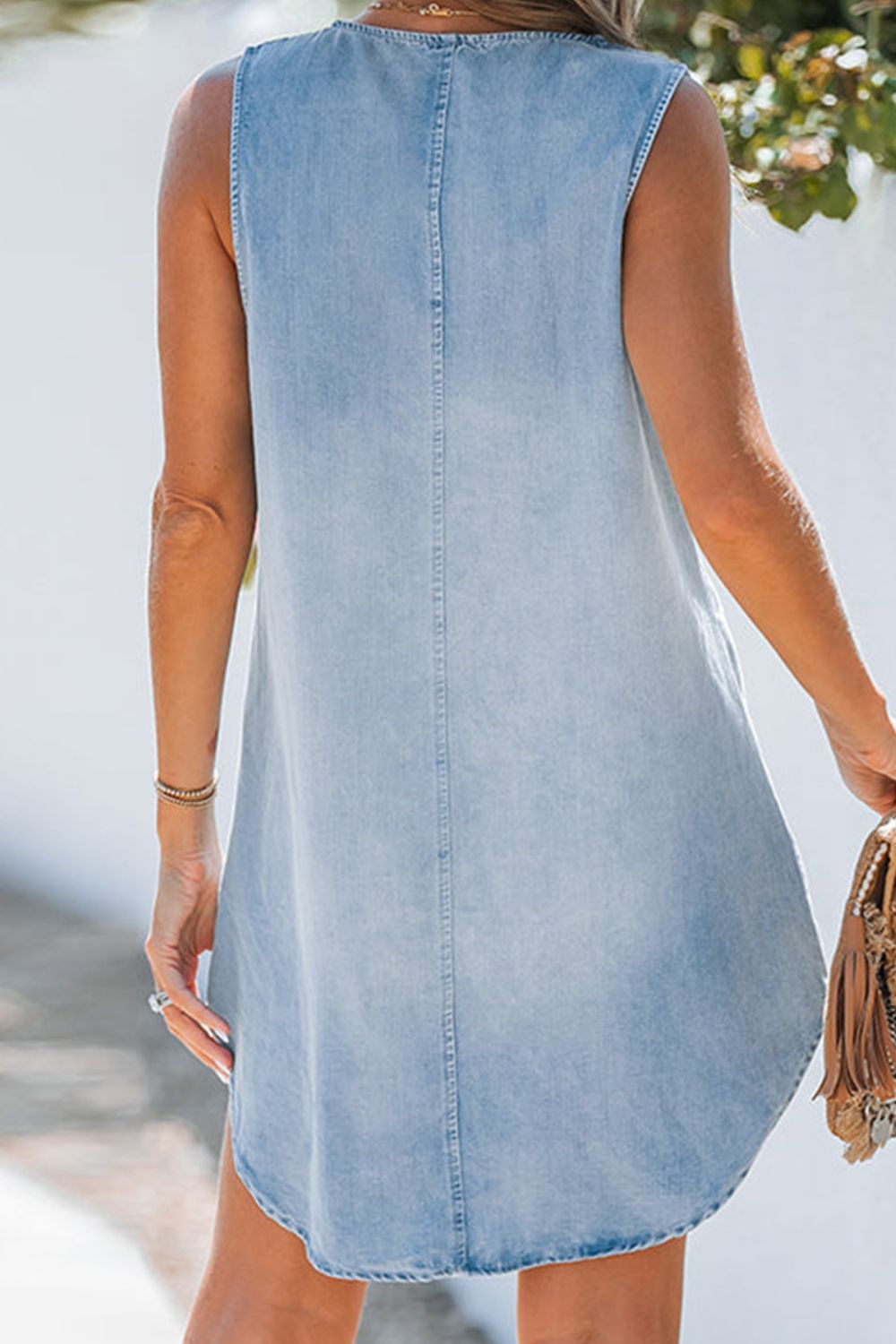 Notched Sleeveless Denim Dress - Thandynie