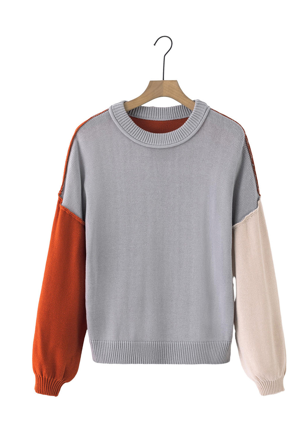 Contrast Round Neck Dropped Shoulder Sweater Cloudy Blue