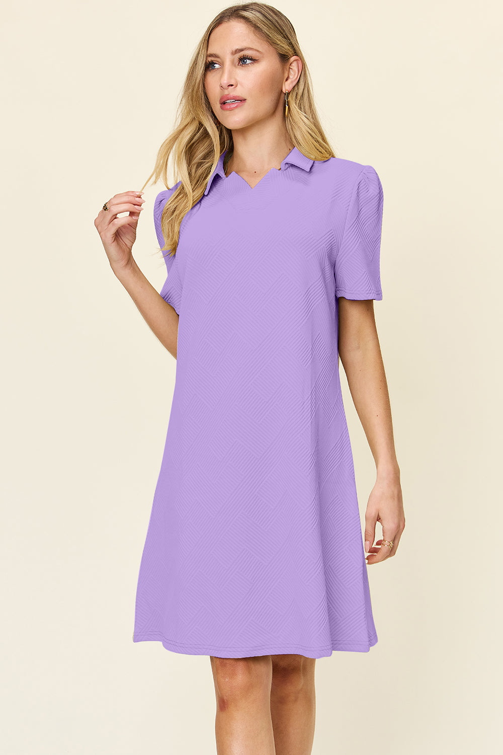 Double Take Full Size Texture Collared Neck Short Sleeve Dress Lavender