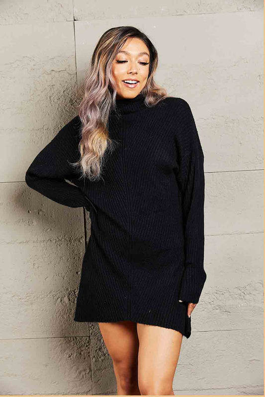 Rib-Knit Turtleneck Drop Shoulder Sweater Dress Black