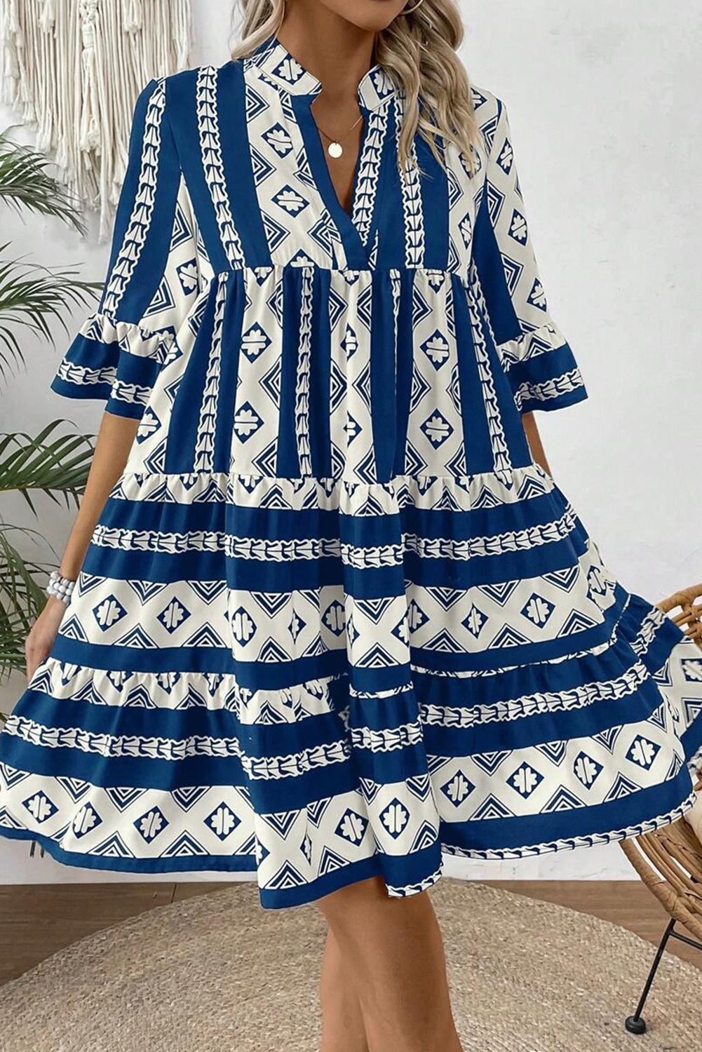 Blue Geometric Print V Neck Ruffled Dress Blue 100%Polyester