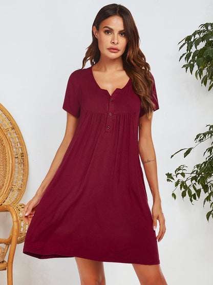 Notched Short Sleeve Mini Lounge Dress Burgundy