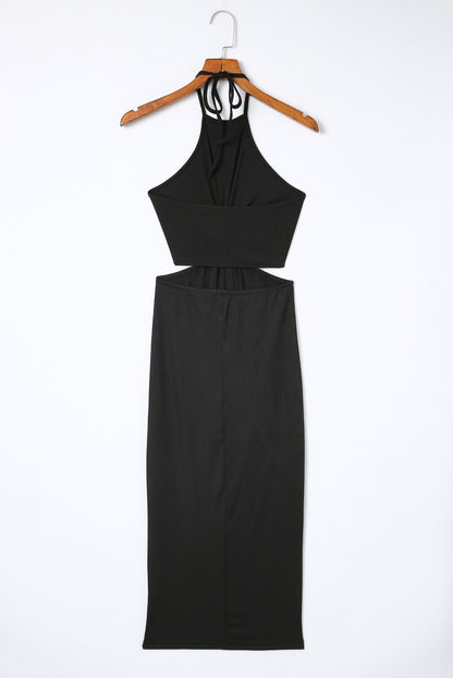 Black Cutout Twist Halter Sleeveless Pencil Midi Dress