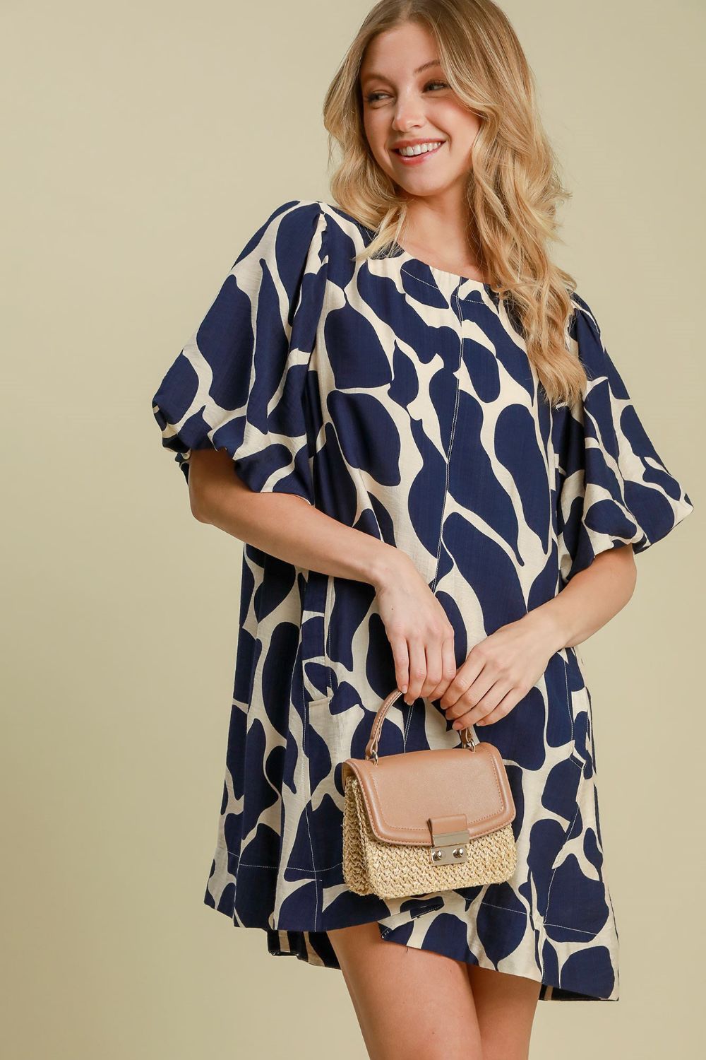 Umgee Two Tone Abstract Print Puff Sleeve Dress Navy