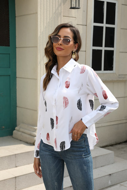 Printed Collared Neck Buttoned Shirt White