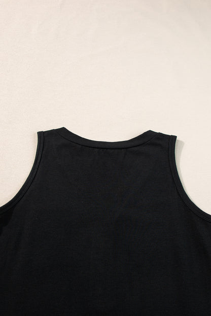 Black Half Button V Neck Patched Pocket Tank Top