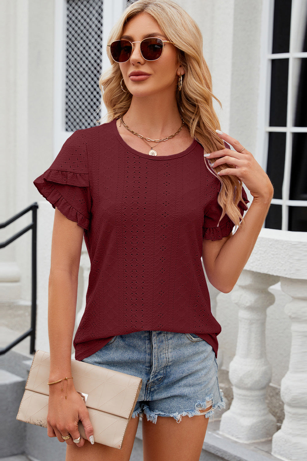 Eyelet Round Neck Petal Sleeve T-Shirt