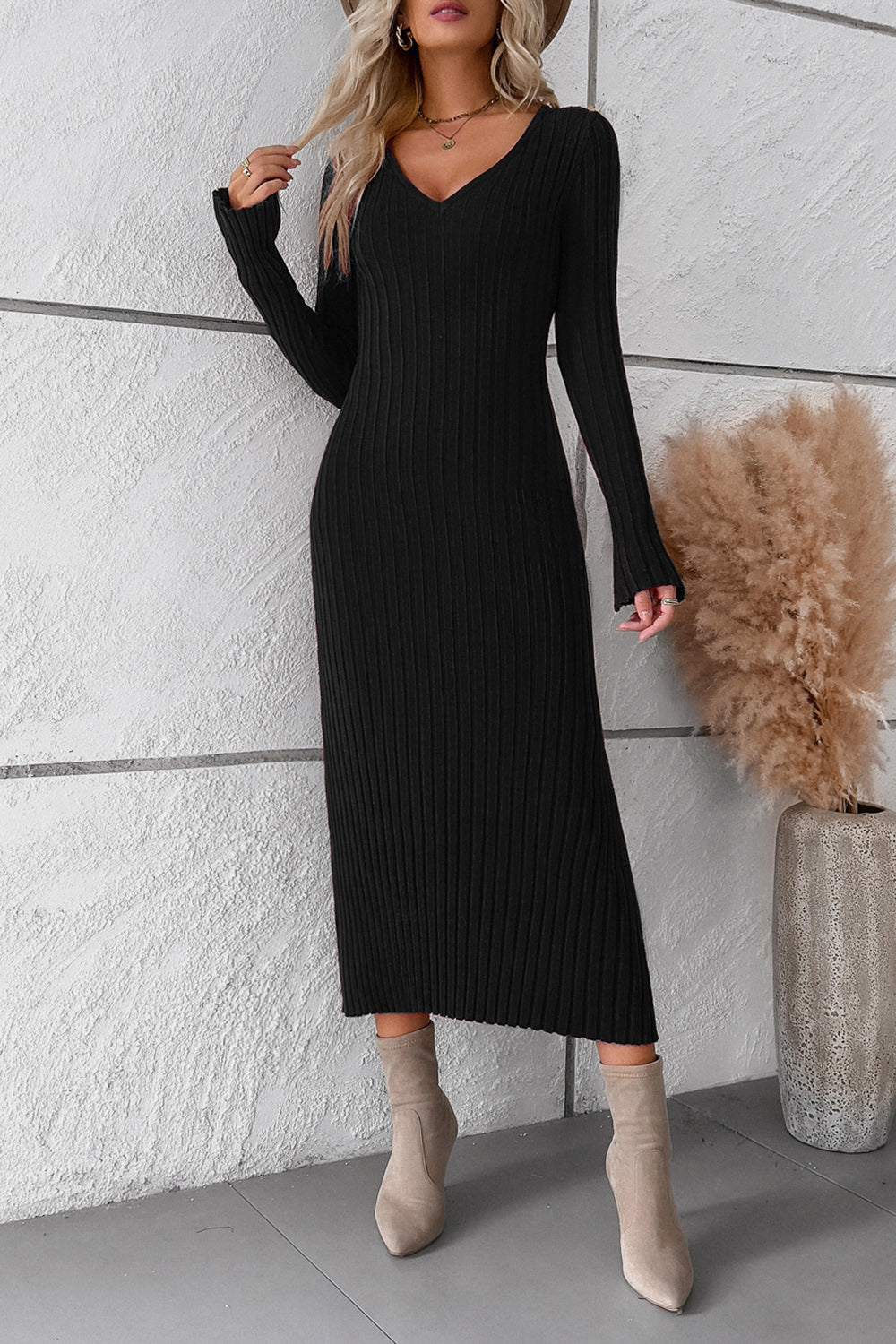 V-Neck Long Sleeve Ribbed Sweater Dress