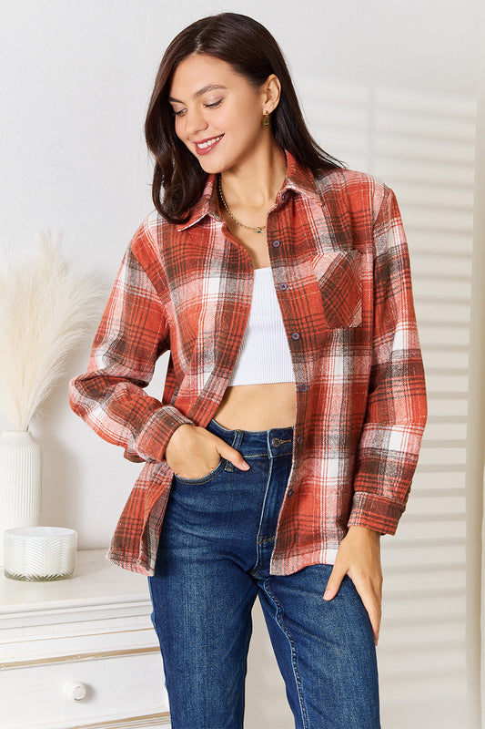 Double Take Plaid Collared Neck Long Sleeve Shirt | Classic & Timeless Staple Caramel