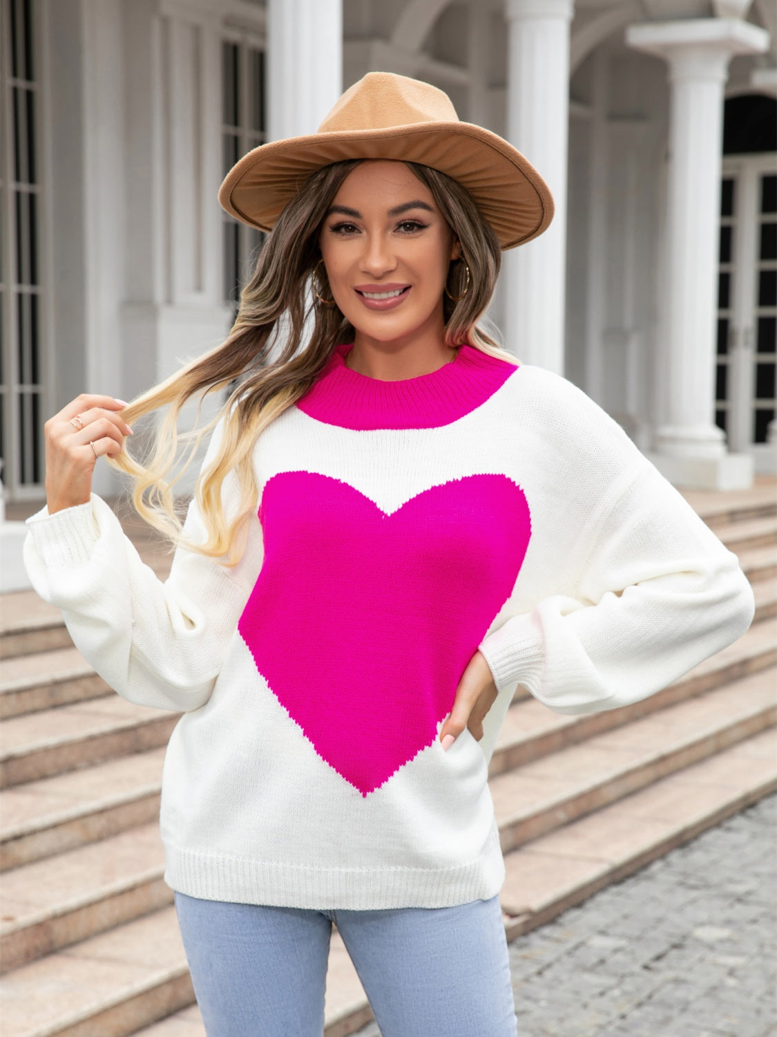 Heart Graphic Round Neck Sweater Deep Rose