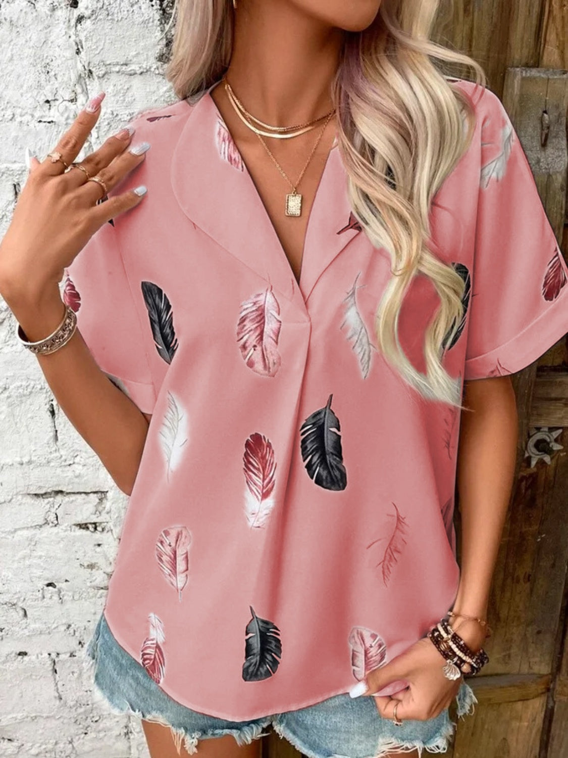 Full Size Printed Collared Neck Short Sleeve Blouse Dusty Pink