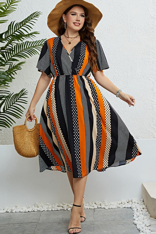 Mixed Print Striped Flutter Sleeve Dress Stripe