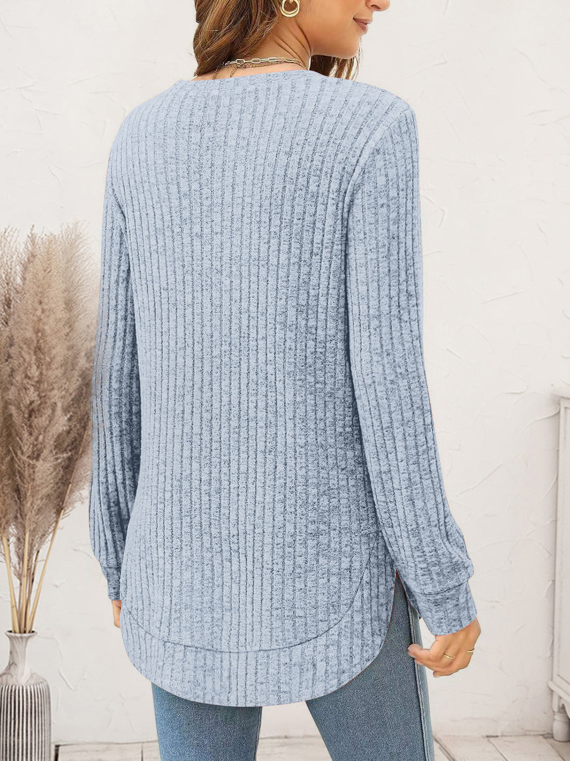 Ribbed Round Neck Long Sleeve T-Shirt - Thandynie