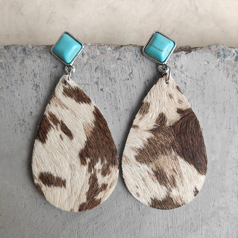 Artificial Turquoise Teardrop Earrings Giraffe Print One Size