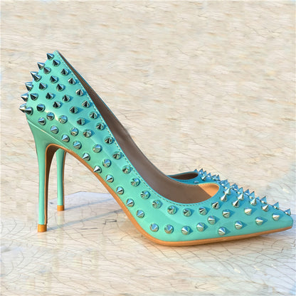 Early Spring Rivet High Heels Women's Stiletto Heel 10CM Pumps Tangerine Shoes Turquoise 10CM