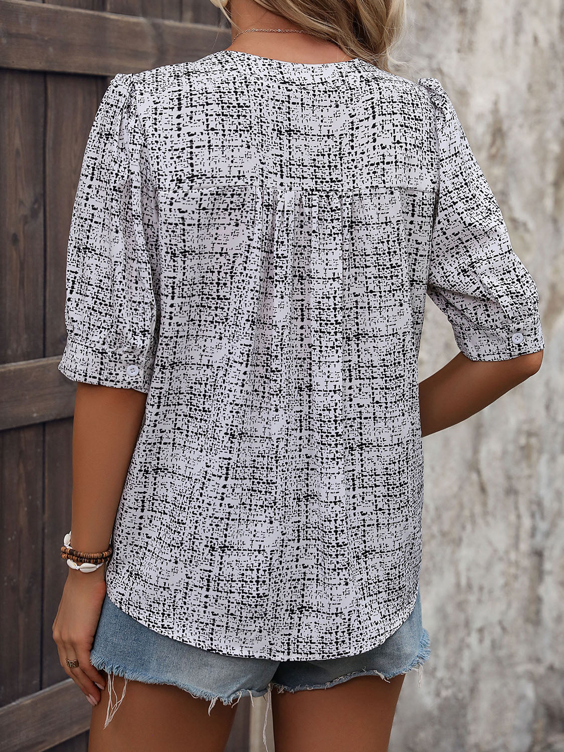 Printed Notched Half Sleeve Blouse