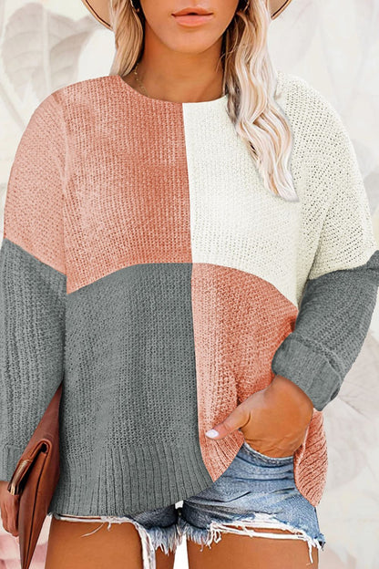 Plus Size Color Block Round Neck Sweater Blush Pink