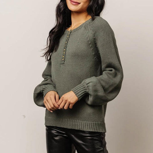 Buttoned Round Neck Long Sleeve Sweater Army Green