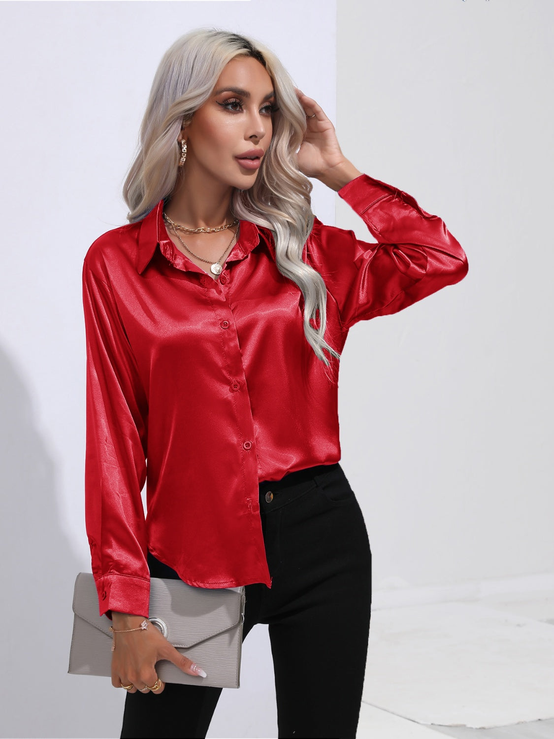 Collared Neck Buttoned Long Sleeve Shirt Red