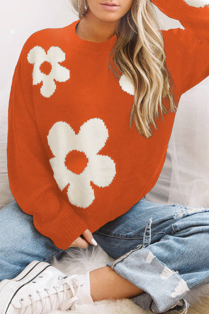 Round Neck Floral Pattern Color Contrast Design Long Sleeve Sweater Orange