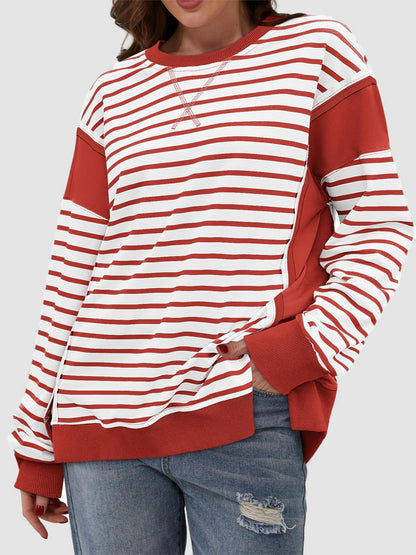 Slit Exposed Seam Striped Long Sleeve Sweatshirt Rust