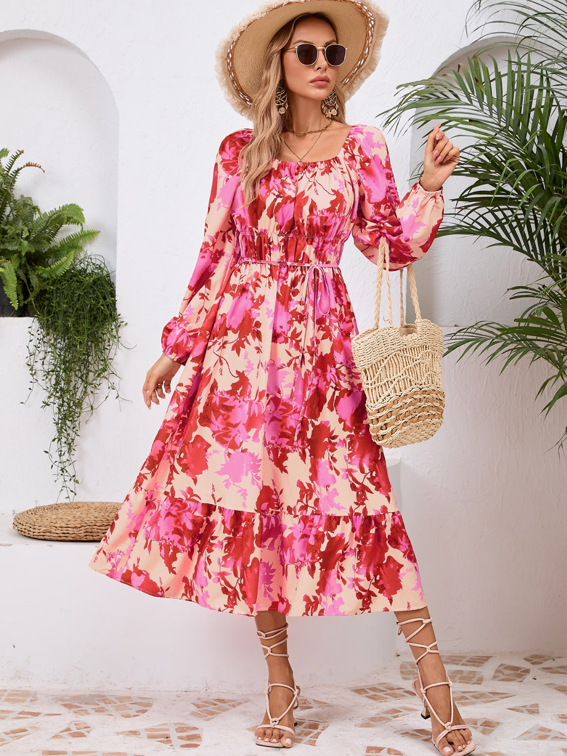 Printed Long Sleeve Midi Dress Deep Rose