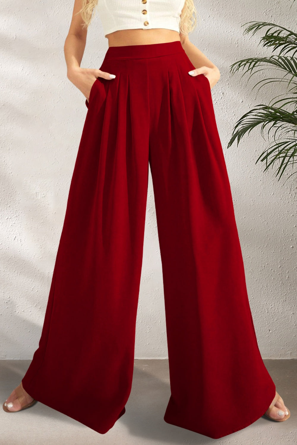 High Waist Wide Leg Pants Burgundy