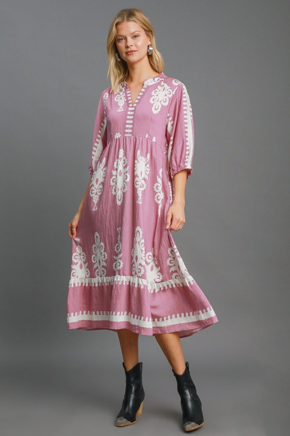 Umgee Printed Notched Midi Dress LT.MAUVE