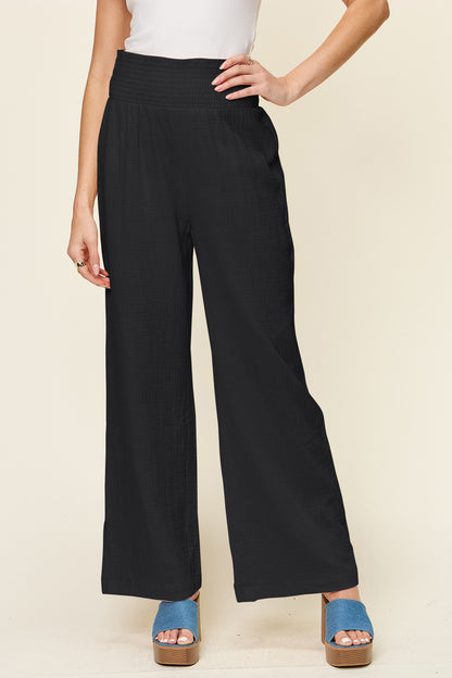 Double Take Full Size Texture Smocked Waist Wide Leg Pants Black