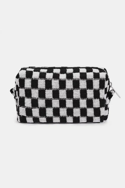 Zenana Checkered Pattern Knitted Cosmetic Pouch Black One Size