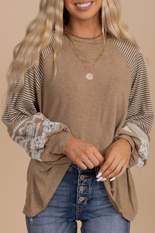 Striped Round Neck Long Sleeve Blouse Khaki