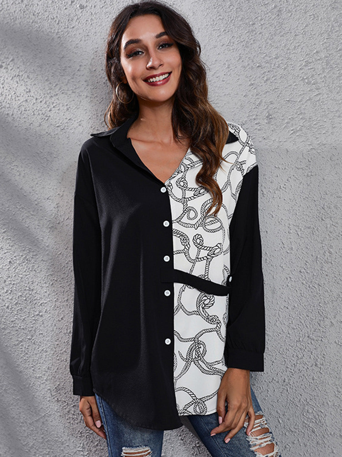 Printed Collared Neck Long Sleeve Shirt - Thandynie