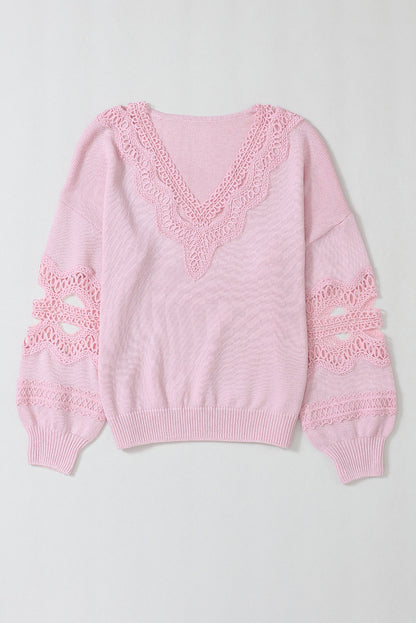 Openwork V-Neck Raglan Sleeve Sweater Carnation Pink