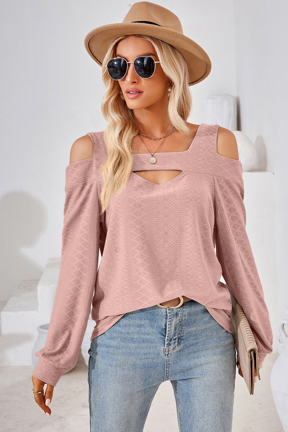 Cutout Square Neck Cold Shoulder T-Shirt Dusty Pink