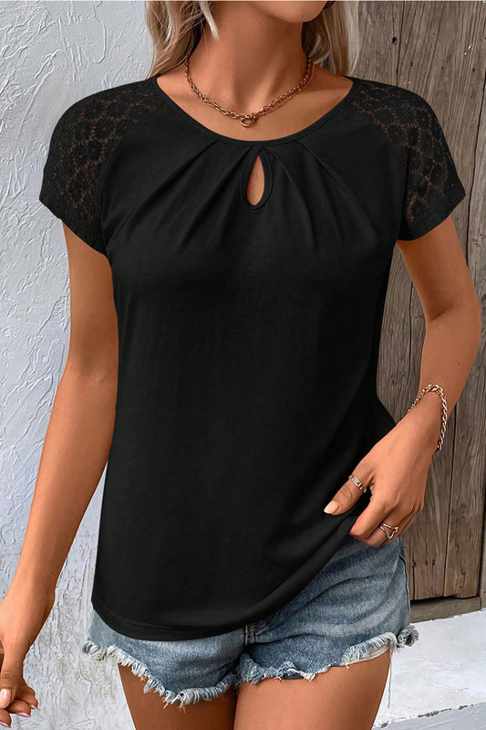 Cutout Round Neck Lace Short Sleeve T-Shirt Black