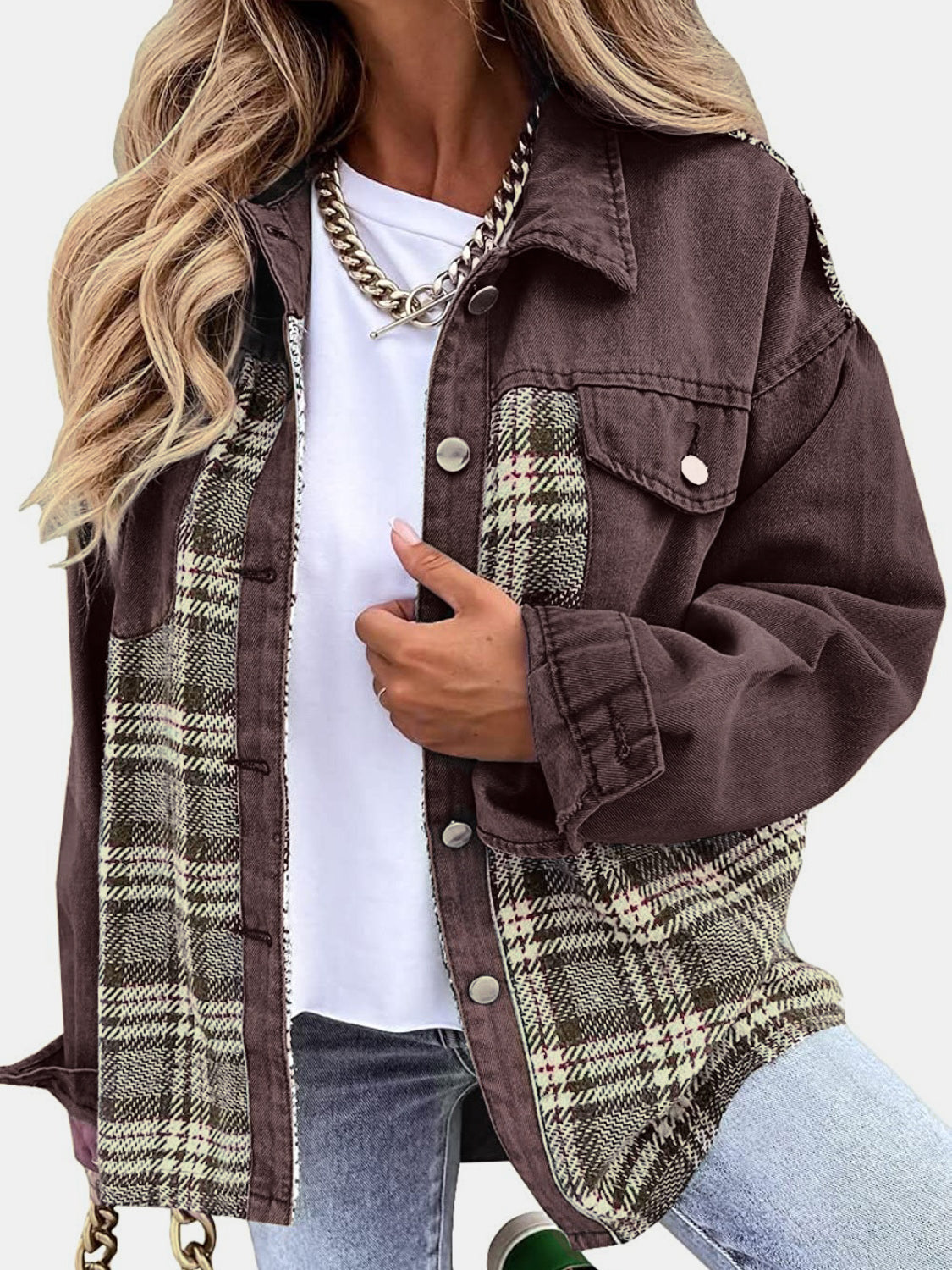 Plaid Button Up Dropped Shoulder Jacket - Thandynie